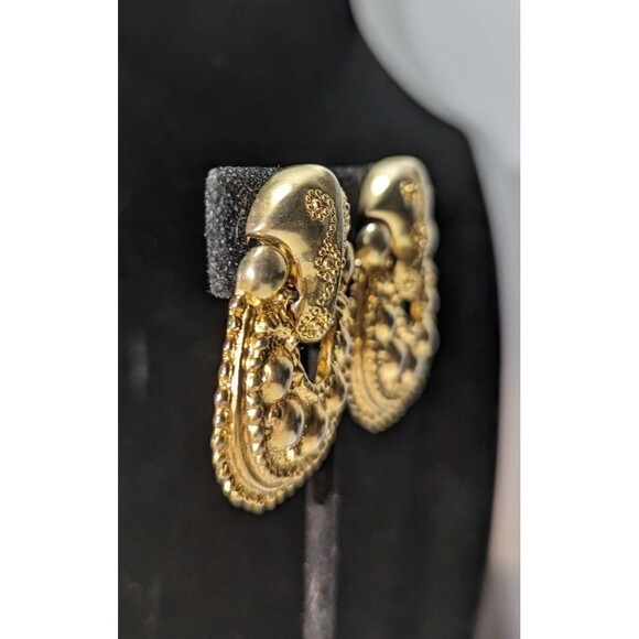 Door Knocker Earrings Bold Gold Tone Vintage - Picture 2 of 8